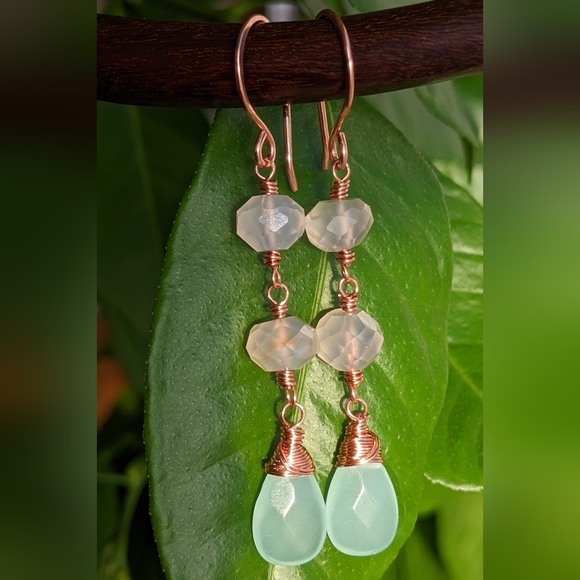 Artisan Chalcedony Earrings Copper Wire Wrapped Gemstone Jewelry - Picture 11 of 16